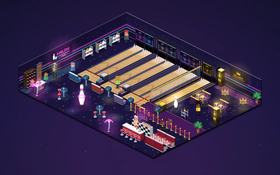 Bowlinghallen i Pixelland med syv baner, kuglehylder, neonskilte, diner og VIP-lounge
