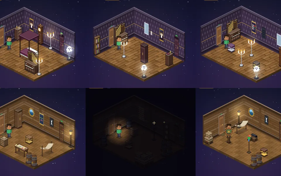 Escape rooms i Pixelland: Spøgelseshotellet med himmelseng og spøgelse, og Piratskibet med kanon og skattekiste