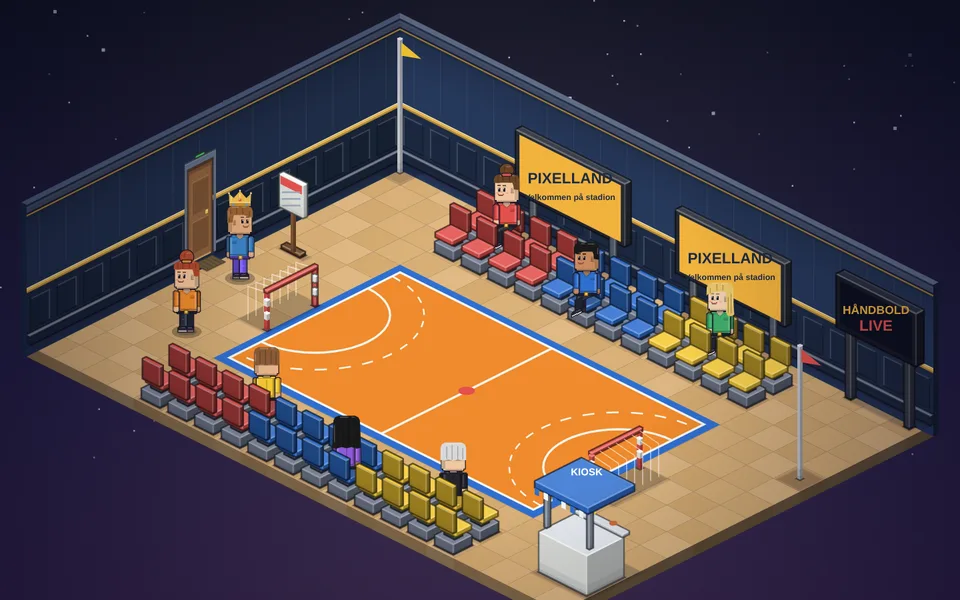 Håndboldhallen i Pixelland med orange bane, mål i begge ender, tribuner, reklameskilte og kiosk