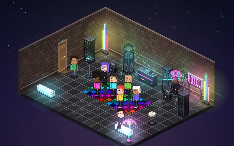 Klub Underground i Pixelland med LED-dansegulv, store højttalere, lasere og gæster, der danser