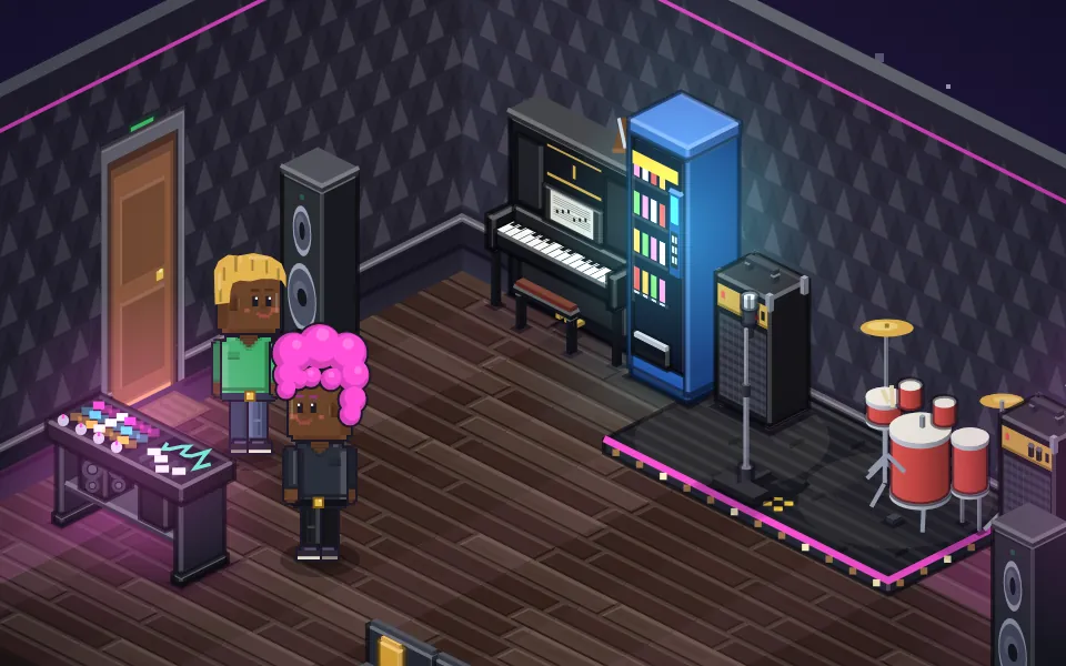 Musikstudiet i Pixelland med scene, trommer, klaver og beatmaskine