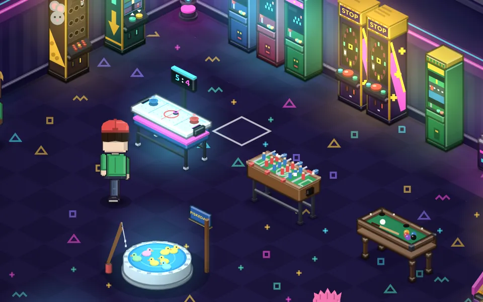 Arkaden i Pixelland i pixelgrafik med neonlys, spillemaskiner, airhockey og bordfodbold