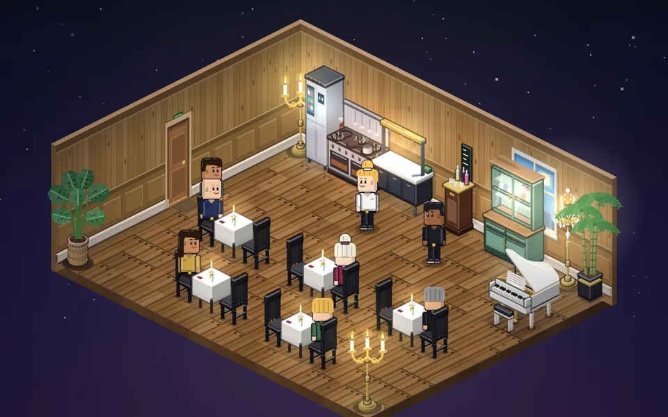 Hotellets stjernerestaurant i Pixelland med hvide duge, flygel, lysestager og et åbent køkken