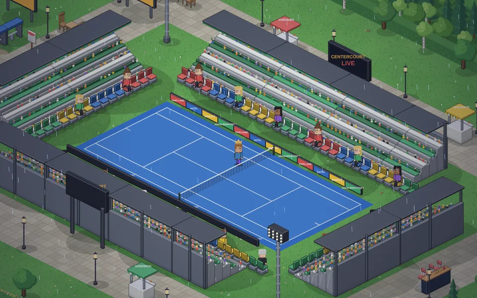Tennisstadion i Pixelland med blå centercourt, net, tribuner, lystårne og træer omkring
